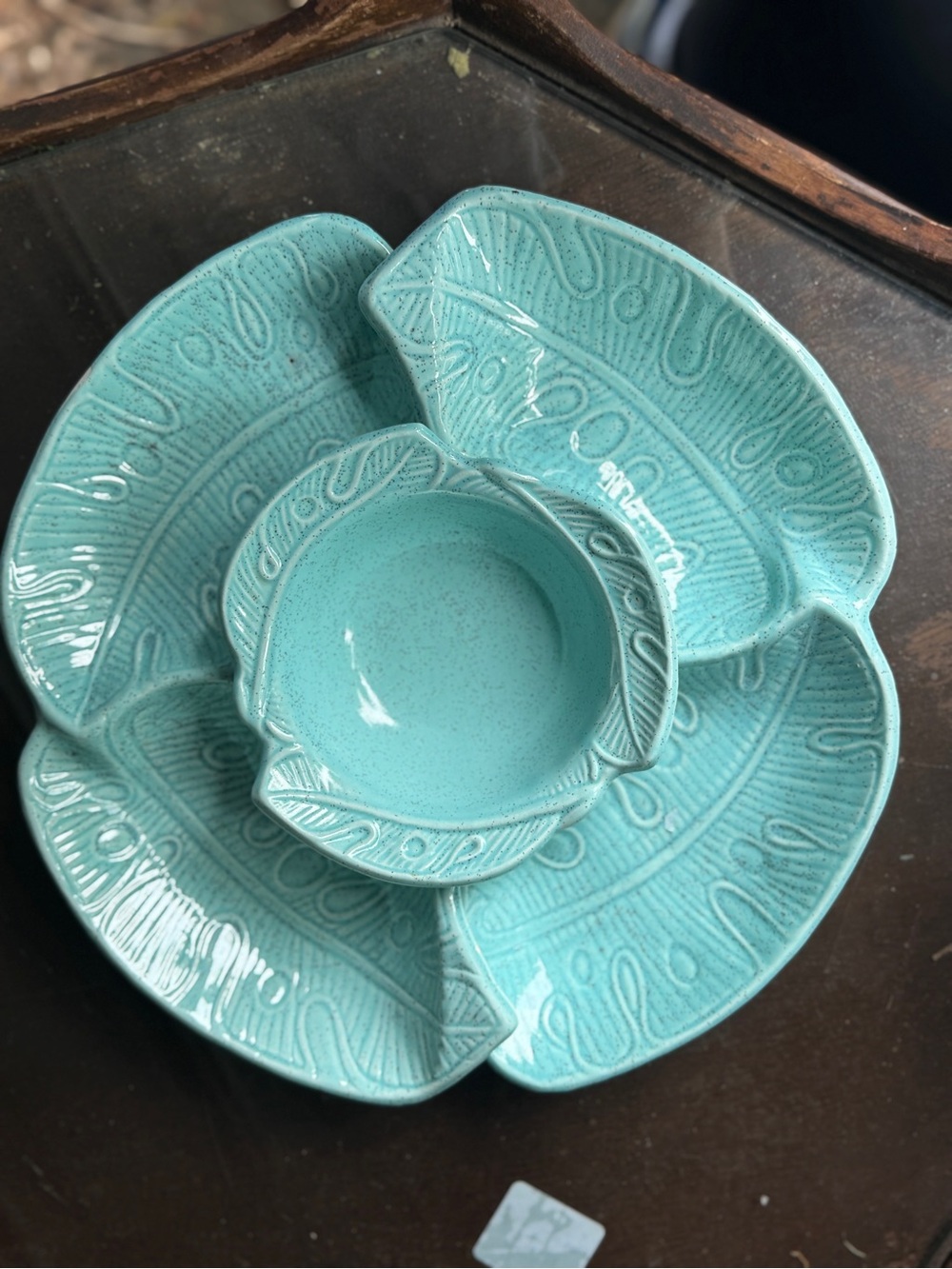 Cal Style Pottery Vintage Snack Tray Set 298 w Dip Bowl Turquoise